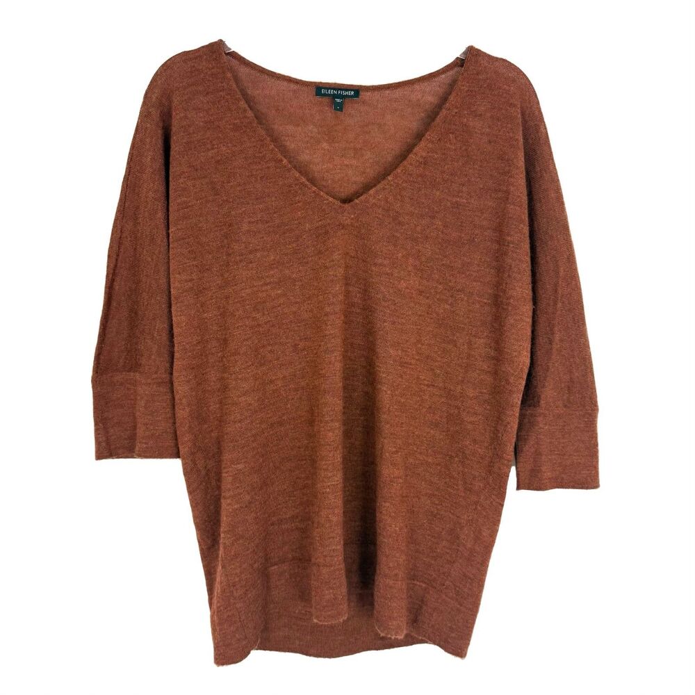 EILEEN FISHER Royal Alpaca V-Neck Sweater S Burnt Orange 3/4 Sleeve Soft B41